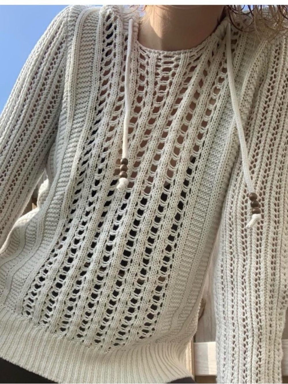American Eagle Outfitters Cream Open-Knit Hoodie Sweater